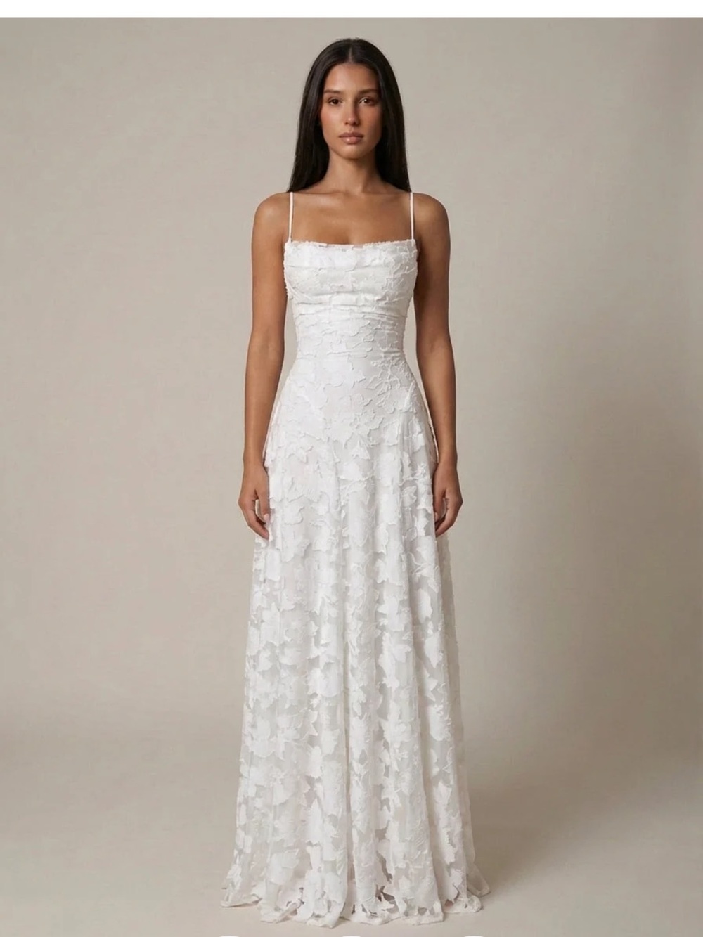 Lace Overlay Spaghetti Strap Bridal Gown - White